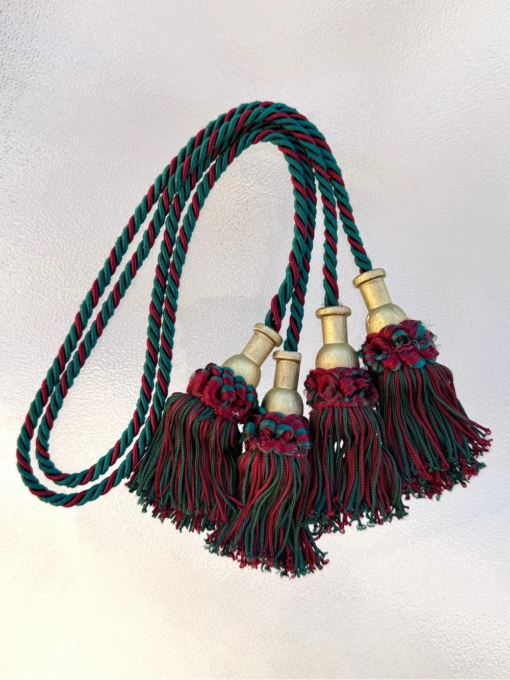 Hunter Green and Maroon Twisted Cord Tassels Drapery Tiebacks ~ 2-Piece Set